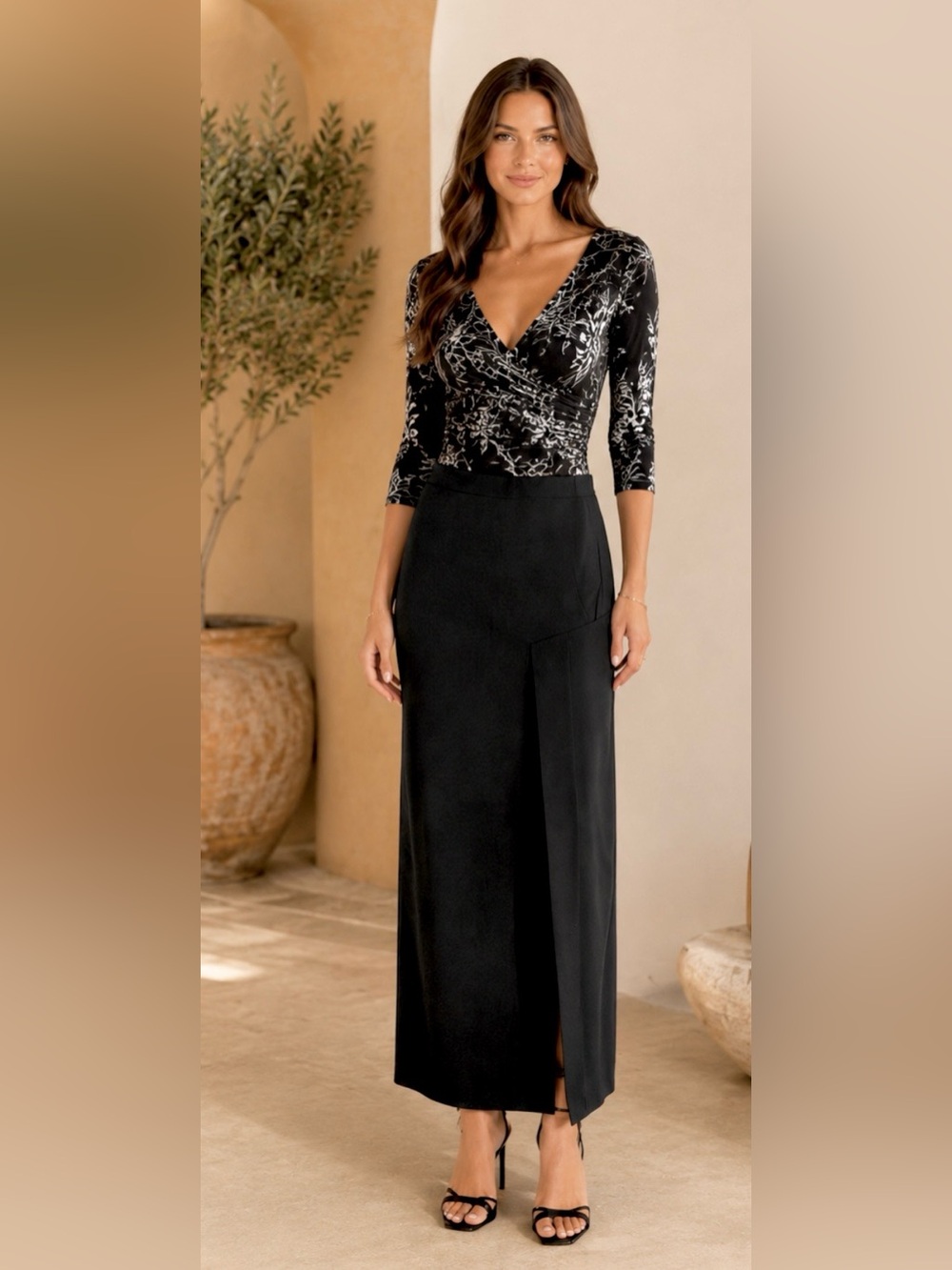 DKNY Black Long Pencil Skirt with Front Pleat